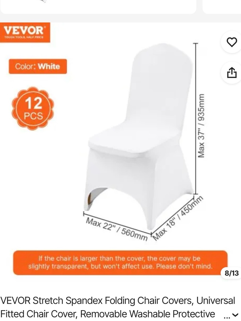 VEVOR White Stretch Spandex Folding Chair Covers - 12 PCS